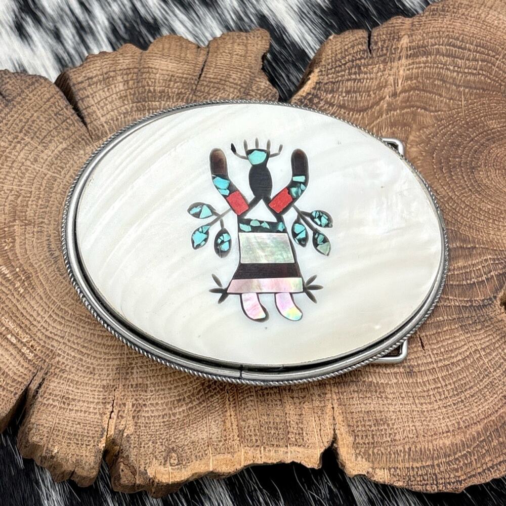 1990s Native American NAVAJO Sterling Multi-Stone Apache Gahn Dancer Belt Buckle